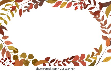 Autumn rustic foliage border frame in burgundy, yellow, and brown colors. Fall seasonal vibrant colors foliage, berries. Wedding invitation card template. Isolated on white background.