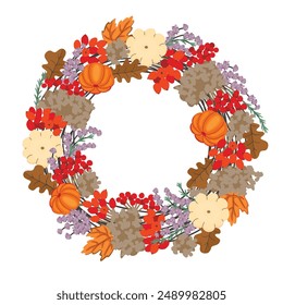 Guirnalda rústica de otoño aislada sobre fondo blanco. Composición floral de hojas de otoño, lavanda, bayas y calabaza. Corona decorativa con Elementos botánicos. Diseño de Vector para tarjeta, Anuncio, invitación.