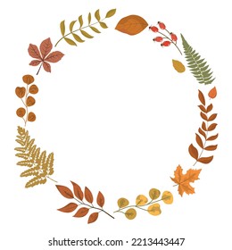 Autumn rustic round wreath card template with leaves and greenery border frame. Seasonal bright vibrant colors foliage, berries. Isolated on white background.