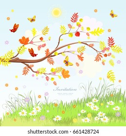 autumn rustic scenery with branch of tree and flying butterflies 