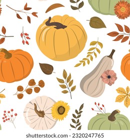 Autumn rustic seamless pattern with colorful pumpkins, forest leaves, and red berries. Isolated on white background. Autumn harvest illustration. Thanksgiving wallpaper.