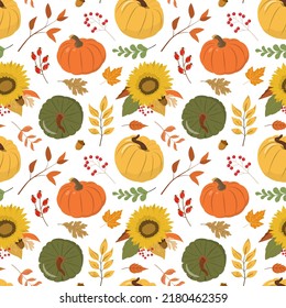 Autumn rustic Thanksgiving day, harvest festival vector seamless pattern with colorful pumpkins, forest leaves, and berries. Isolated on white background. Design for wallpapers.