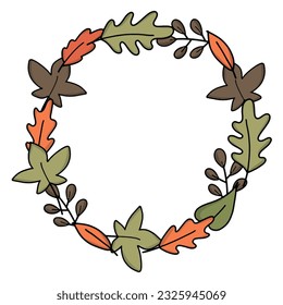 Autumn rustic wreath. Botanical round rim made of leaves and berries vector illustration. Natural cute circular blank frame for invitation or postcard. Cozy fall leaves template
