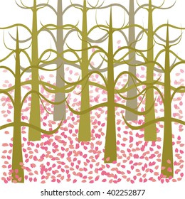 autumn sakura cherry blossom tree.Vector autumn background sakura tree with fall sakura on ground,isolated on the white background