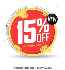 Autumn Sale 15% off, Fall discount tag, banners design template, Thanksgiving Day, app icon, vector illustration