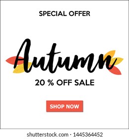 Autumn Sale 20% Off Banner. With Lettering and Leaves isolated on White Background. Vector Illustration. Autumn Design Collection for Shops