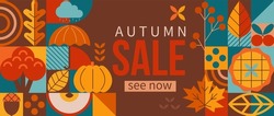 Autumn Sale 2022 Horizontal Banner With Pumpkin,pie,maple Leaf In Geometric Simple Style For Seasonal Shopping Promotion,web.Template For Discount Cards,flyers, Posters, Ad,presentation, Print.Vector.