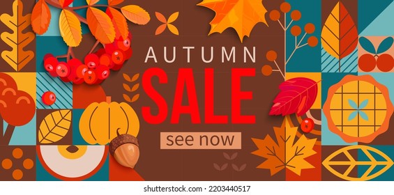 Autumn sale 2022 horizontal banner in geometric simple style and realistic cartoon style for seasonal shopping promotion,web.Template for discount cards,flyers, posters, advertise, print.Vector.