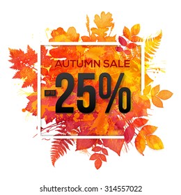 Autumn sale -25% discount vector banner with orange foliage in watercolor style