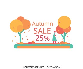 Autumn sale of 25%. Vector flat design. Label or flyer discounts.