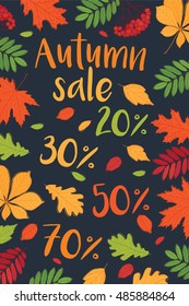 Autumn sale. Up to 30%, 50%, 70% off. Fall of the leaves. Sketch, doodles, design elements. Vector illustration.