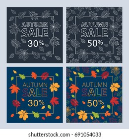 Autumn sale. Up to 30% and 50% off. Fall of the leaves.  Sketch, doodles, design elements. Vector illustration.