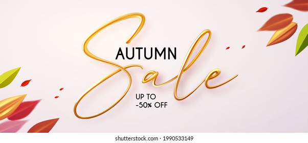 Autumn sale with 3D realistic text. Season offer flyer template. Promotion design.