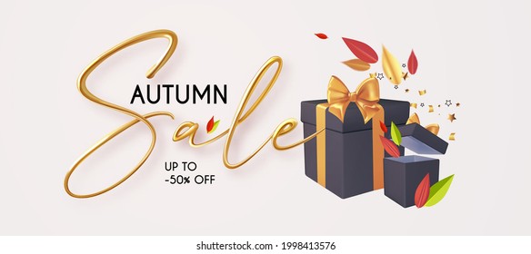 Autumn sale with 3D realistic text. Season offer flyer template. Promotion design.