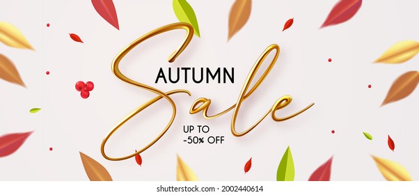 Autumn sale with 3D realistic text. Season offer flyer template. Promotion design.