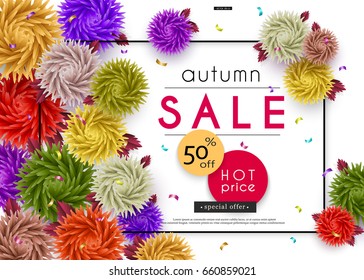 Autumn Sale 3D stylized multicolored flowers with leaves Abstract floral origami pattern Papercut Vector illustration