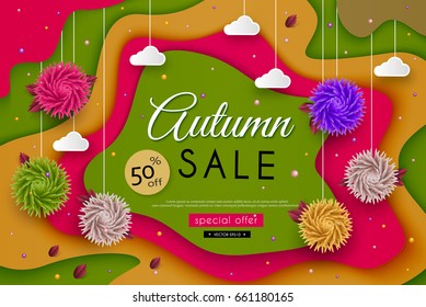 Autumn Sale 3D stylized multicolored flowers with leaves, landscape, clouds, message Abstract floral origami pattern Paper art Vector illustration