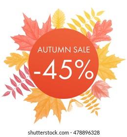 Autumn sale 45% off circle banner. Vector discount offer with autumnal red maple, orange oak, yellow rowan foliage on white background.