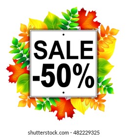 Autumn sale -50% banner with colorful autumn leafs. Vector illustration.