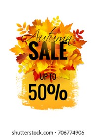 Autumn Sale up to 50% banner on the fall leaves and hand drawn background.
Autumn typographic. Vector illustration
