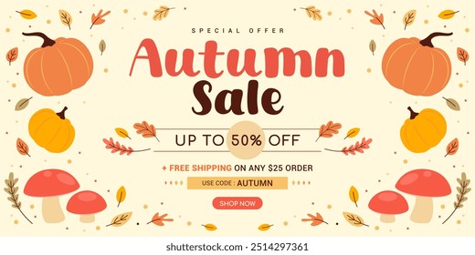 Autumn Sale 50% discount banner design vector illustration. Autumn leaves frame