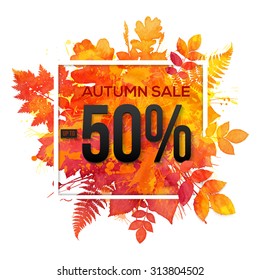 Autumn sale -50% discount vector banner with orange foliage in watercolor style