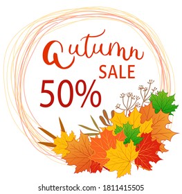 Autumn sale 50% Lettering for discount purchase, Banner with colorful seasonal autumn leaves in circle on a white background. Vector illustration.