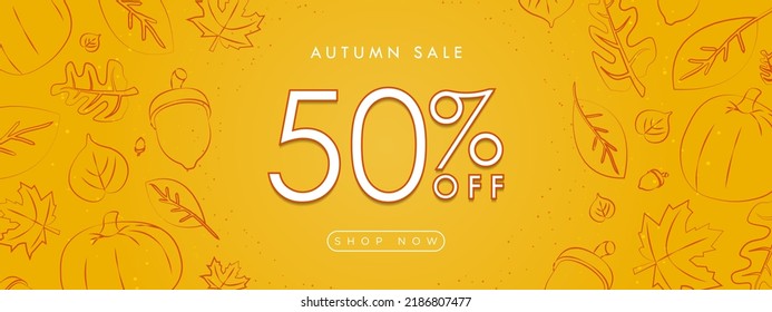 Autumn Sale Up to 50% off Banner with Shop Now. Hand drawn autumn elements such as leaves, maple, acorn, and pumpkin. Editable Vector Illustration.