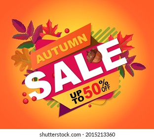 Autumn Sale, up to 50% off, bright banner with fall leaves, oak and acorn  for your website.  Vector illustration.
