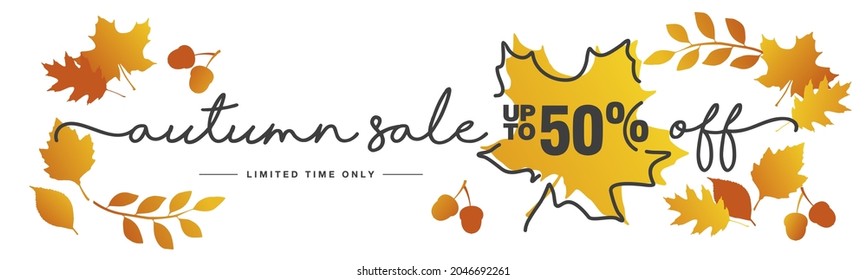 Autumn Sale up to 50 % off handwritten typography lettering line design autumn color leafs on white background