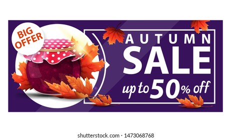 Autumn sale, up to 50% off, purple discount web banner with jar of jam and maple leaves