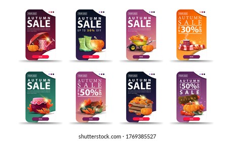 Autumn sale, up to 50% off, set vertical of discount banners with rounded corners, buttons and autumn elements