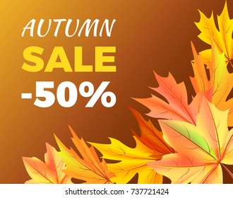Autumn sale -50% off sign poster with maple colorful foliage in corner vector illustration isolated on brown background. half price discount at fall season