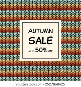 Autumn Sale up to 50% off. Square sales poster with a striped knitting pattern.