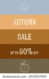Autumn Sale up to 50% off. Striped sales poster with pumpkin and maple leaf.