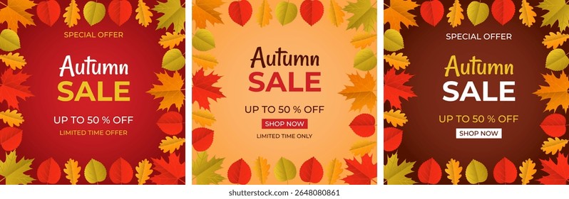 Autumn Sale up to 50 percent. Set of square posters, banners for social networks. Vector illustration.