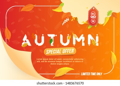 Autumn Sale 50% special offer. Template leaflet with colorful seasonal fall leaves for shopping sale on background. Flat vector illustration EPS 10