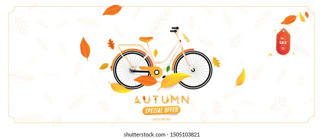 Autumn Sale 50% special offer with women city bicycle. Template leaflet with colorful seasonal fall leaves for shopping sale on background. Flat vector illustration EPS 10