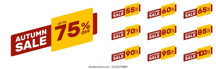 autumn sale up to 55 60 65 70 75 80 85 90 95 100 percent off, vector advertising banner or season discount collection