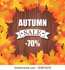 Autumn sale -70% discount banner. Vector typography poster on wood background