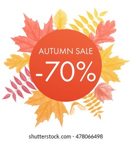 Autumn sale 70% off circle banner. Vector discount offer with autumnal red maple, orange oak, yellow rowan foliage on white background.