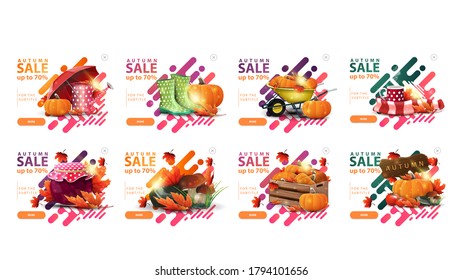 Autumn sale, up to 70% off, large collection clickable pop up banners in liquid modern style for your website with autumn icons, colorful smooth liquid texture and buttons