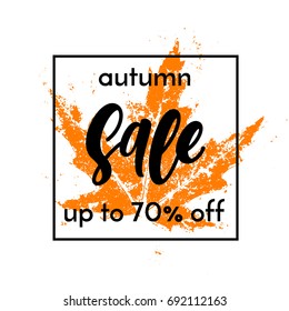 Autumn sale 70% off square banner. Vector discount offer with autumnal orange maple leaf imprint design on white background for promo poster, leaflet, web banner. Vector autumn design with black frame