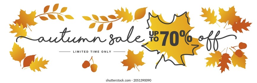 Autumn Sale up to 70 percent off handwritten typography lettering line design autumn color leafs on white background