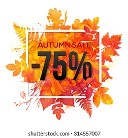 Autumn sale -75% discount vector banner with orange foliage in watercolor style