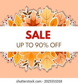 Autumn sale 90% off. Label, template, banner with colorful leaves. Vector Illustration.