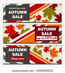 autumn sale abstract background, bright vector illustration of several banners with strips and falling autumn leaves on a white background