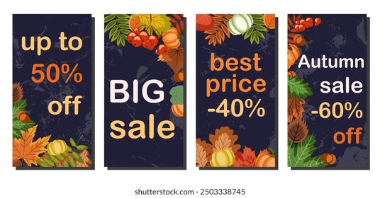 autumn sale, abstract background, collection of vector illustrations of several banners with falling autumn leaves and pumpkins on a blue textured background