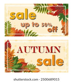 autumn sale abstract background, vector illustration of several banners with falling autumn leaves on a light textured background