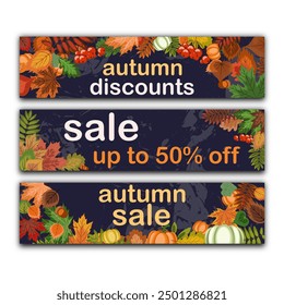 autumn sale abstract background, vector illustration of several banners with falling autumn leaves on a dark blue background